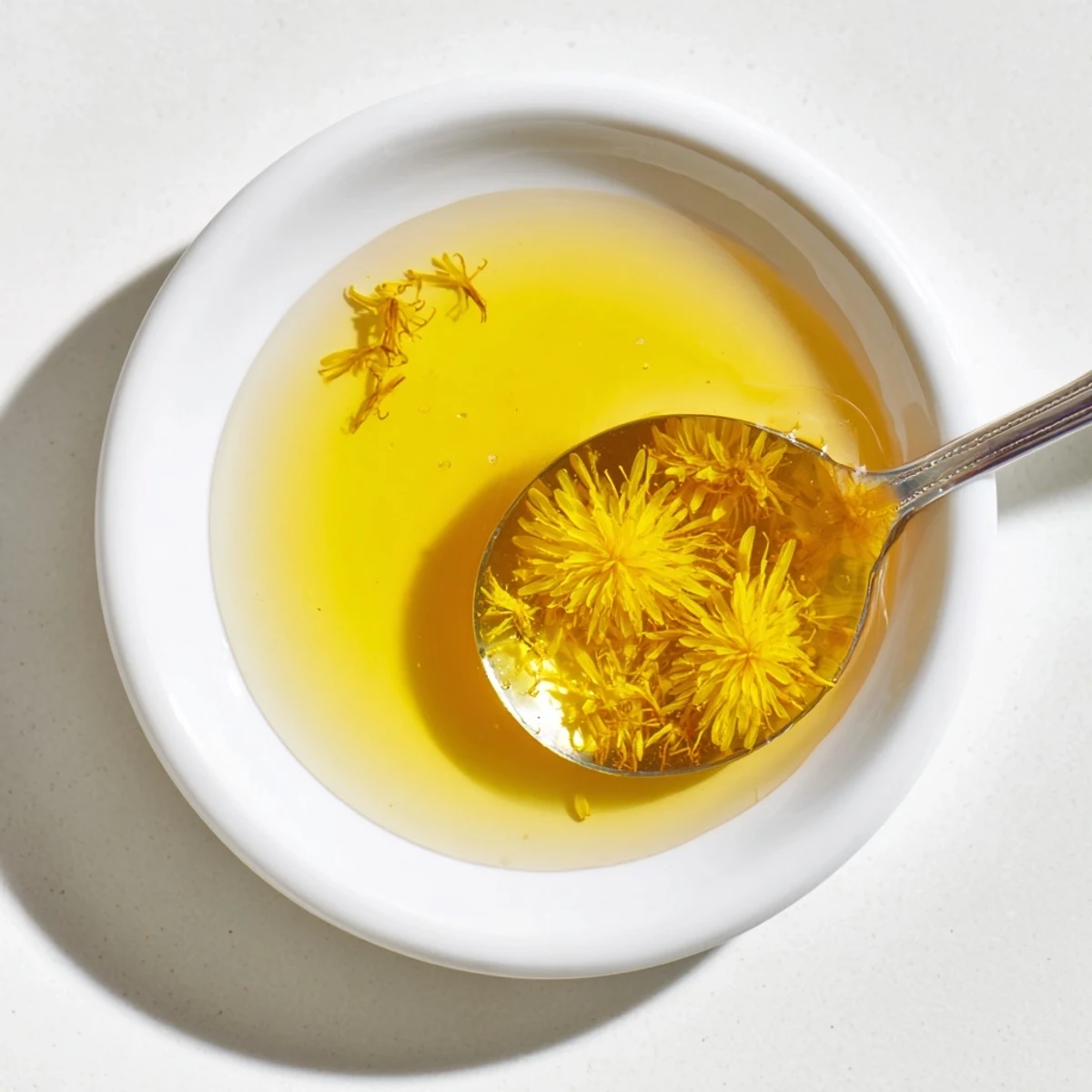 Golden homemade fresh dandelion jelly glowing in a sunny half-pint jar