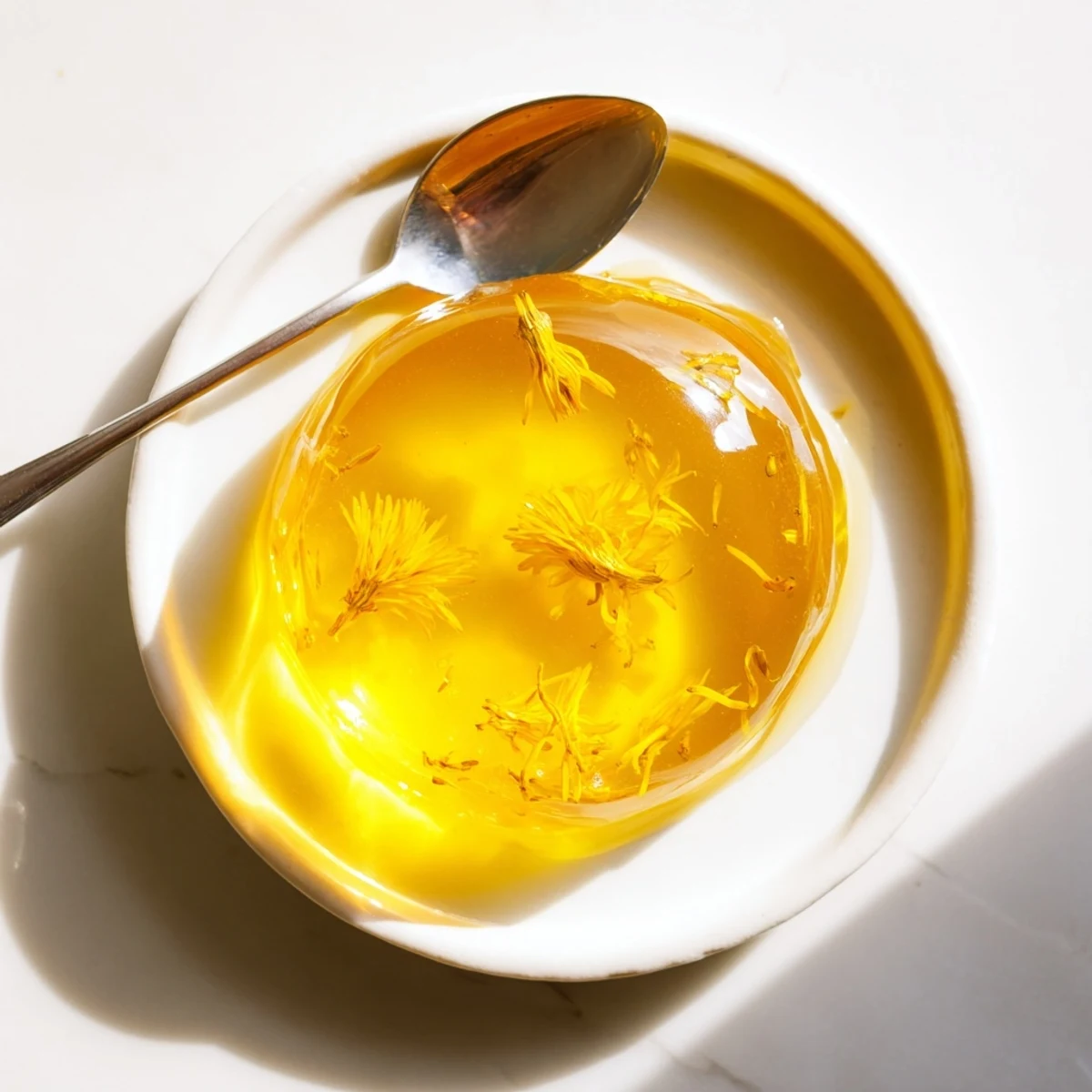 Translucent homemade fresh dandelion jelly glistening atop toasted bread with lemon zest