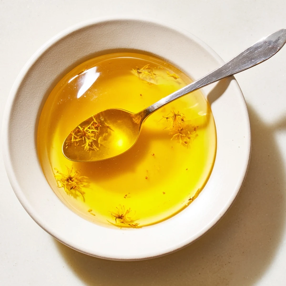 Homemade fresh dandelion jelly spooned over a warm scone with soft cheese