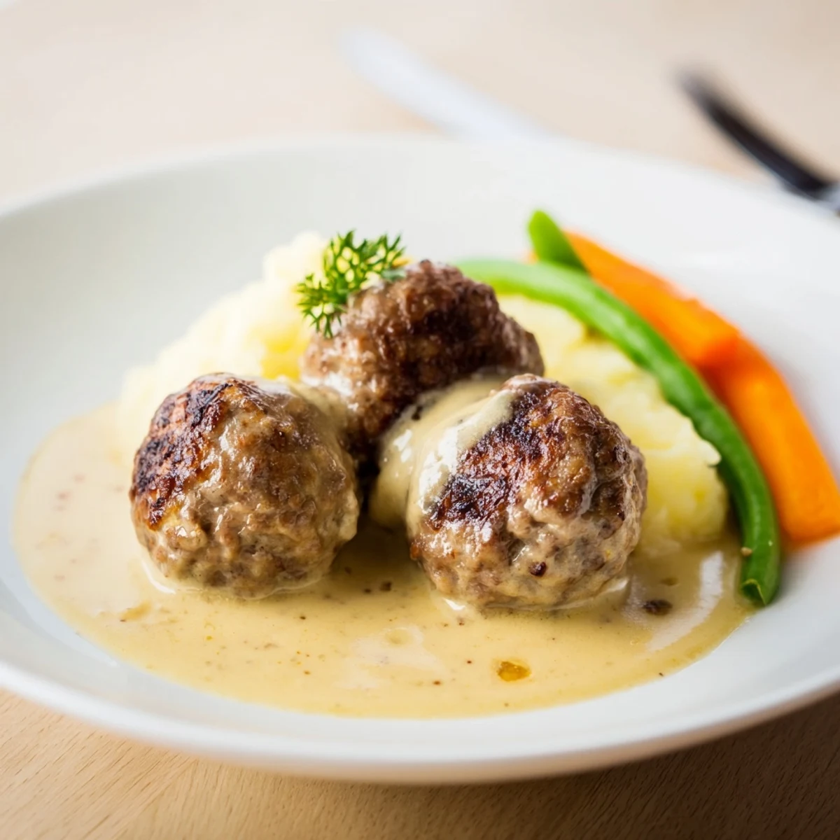 Homemade Ikea Meatballs glistening in creamy gravy, served over mashed potatoes