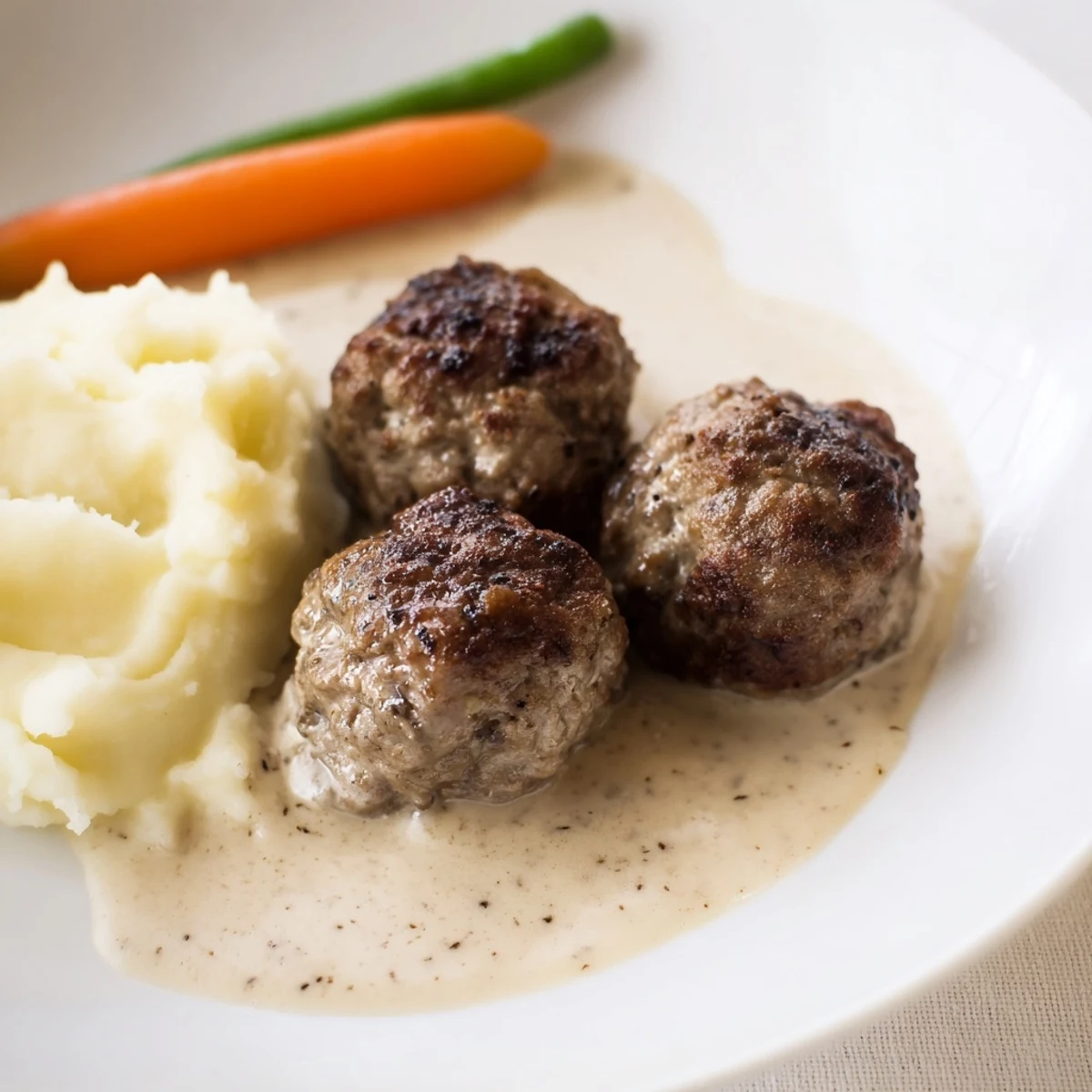 Homemade Ikea Meatballs tender, spiced with allspice and nutmeg, plated with vegetables