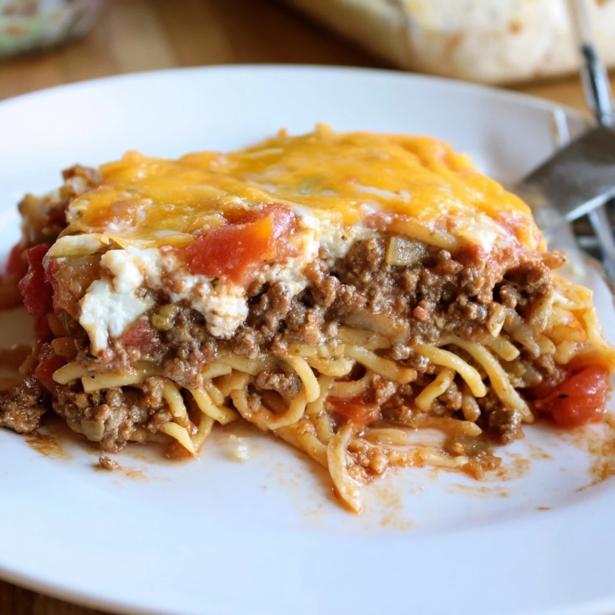 Beef Lombardi Casserole bubbling golden, cheesy top with tender beef inside