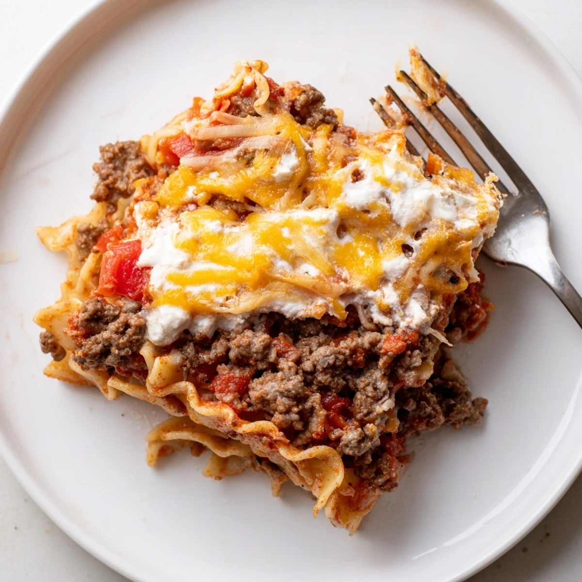 Sliced Beef Lombardi Casserole served with crusty bread and green salad