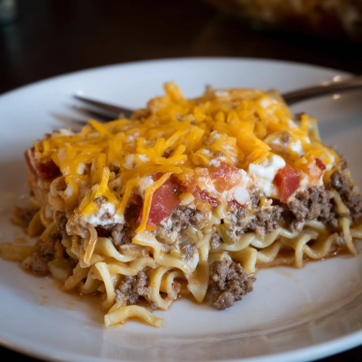 Hot from oven Beef Lombardi Casserole, creamy noodles peeking, cheddar stretching