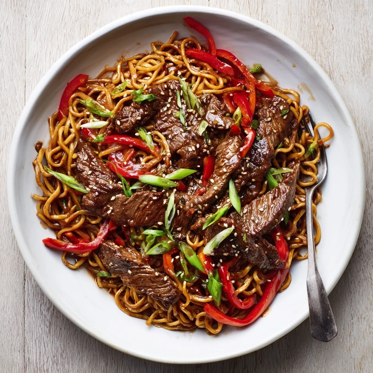 Sticky Beef Noodles glistening with glossy sauce, tossed with scallions and sesame