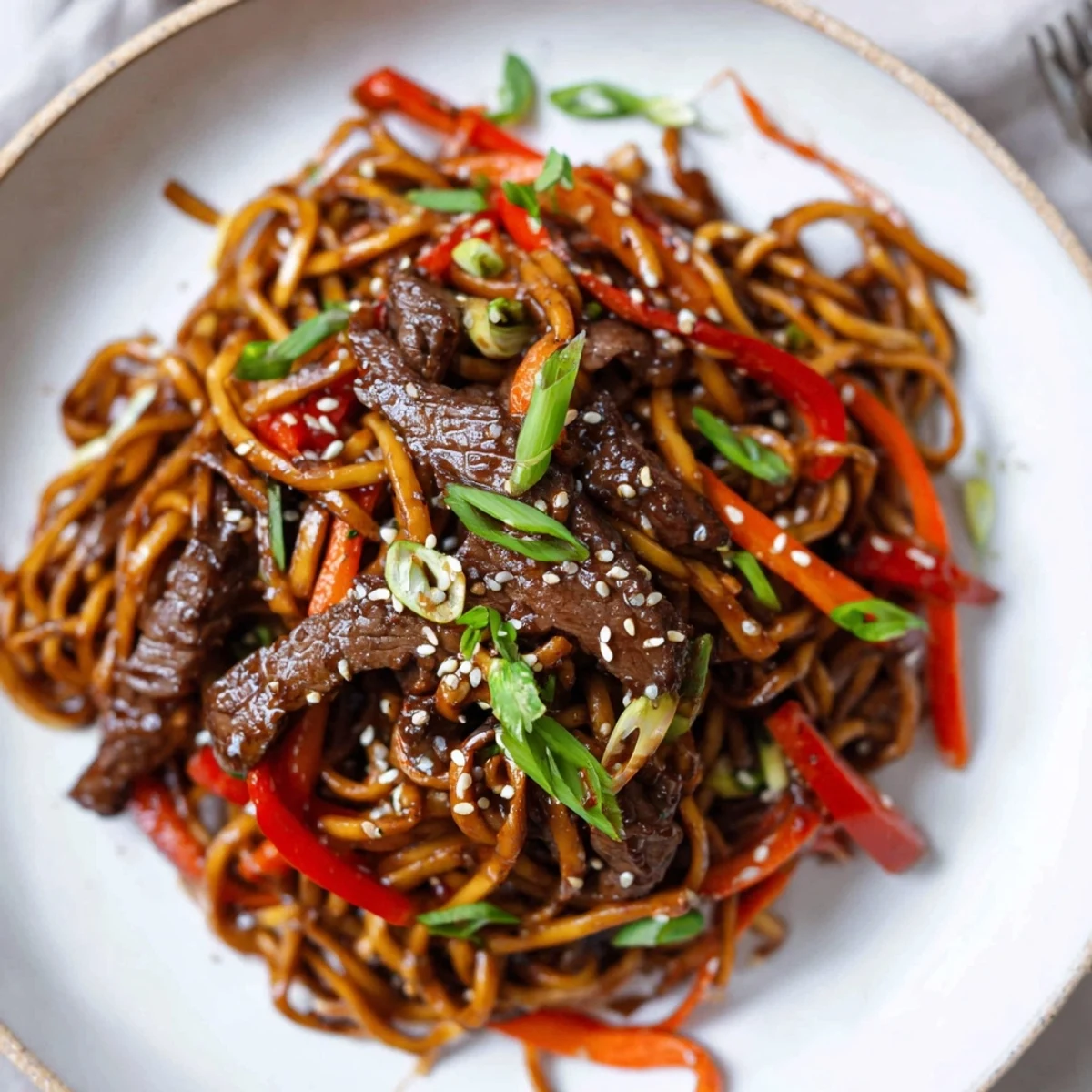 Plate of Sticky Beef Noodles steaming hot, tender beef and crisp peppers