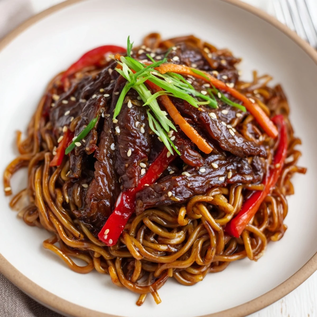 Chopsticks lifting Sticky Beef Noodles, chewy strands coated in sweet-savory sauce