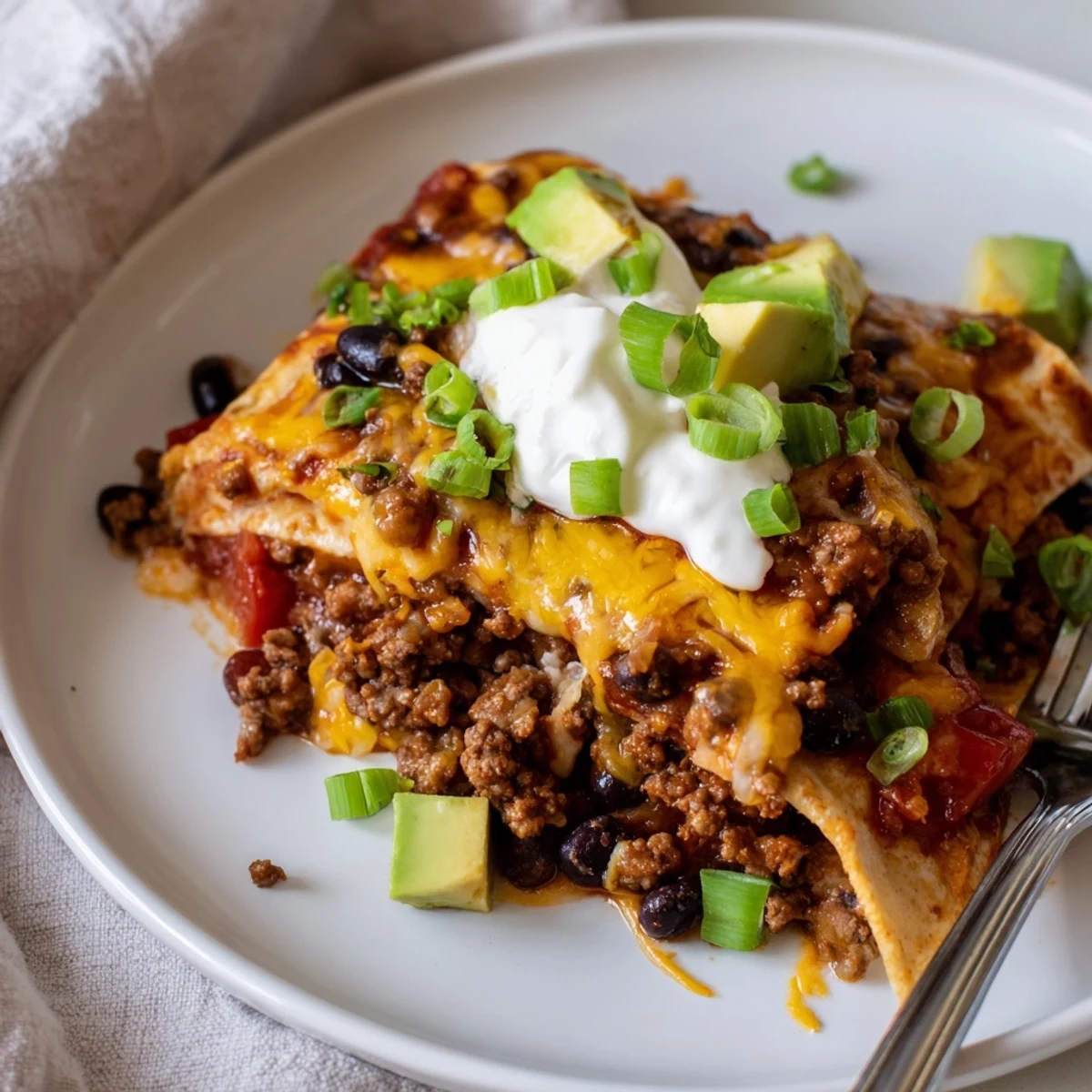 Beef Skillet Enchiladas bubbling in skillet with melted cheese and cilantro