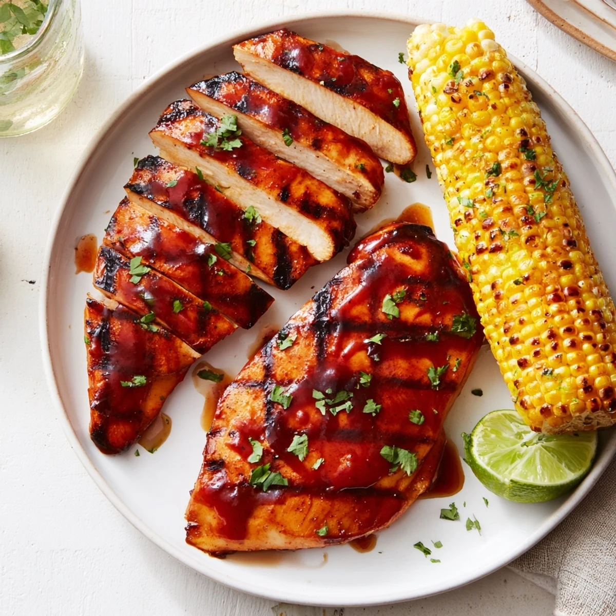 Close-up of BBQ Chicken With Corn, smoky glaze on tender breasts  