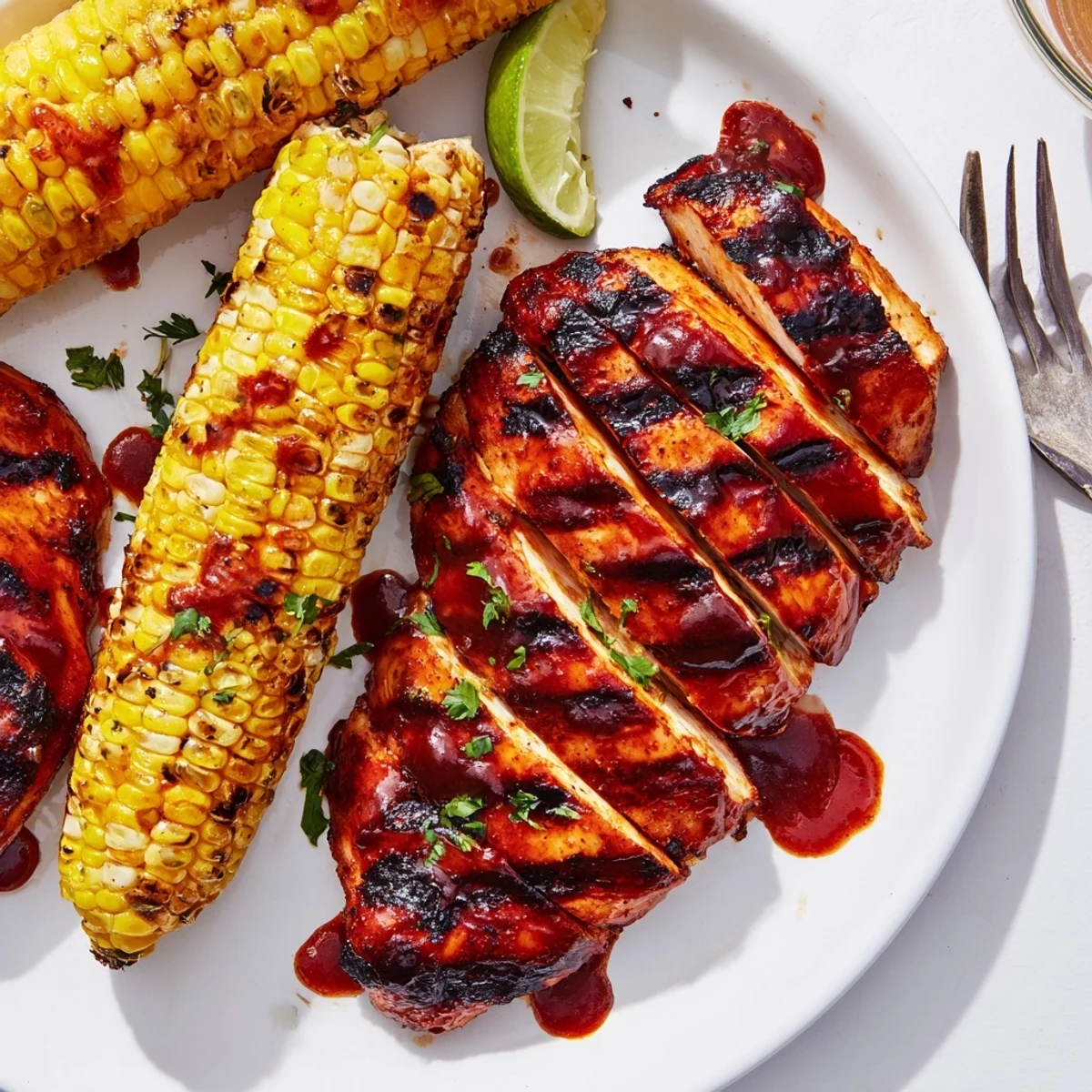 Sliced chicken glazed with barbecue sauce beside corn — BBQ Chicken With Corn  