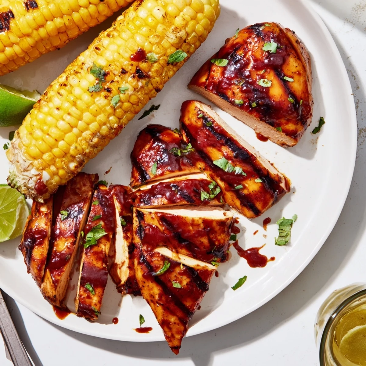 Juicy BBQ Chicken With Corn served with charred kernels, parsley and lime