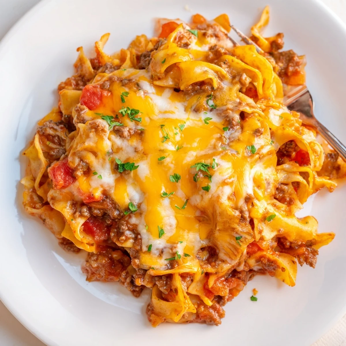 Beef Noodle Casserole bubbling with melted cheddar, golden edges, served hot.