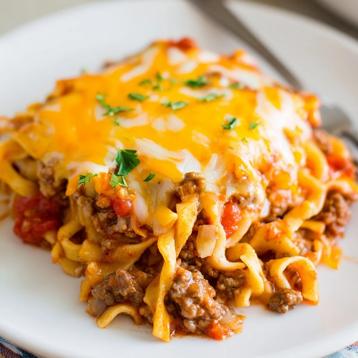 Skillet to oven Beef Noodle Casserole topped with parsley, ready to serve.
