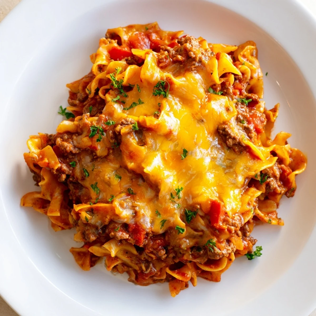 Comforting Beef Noodle Casserole with savory tomato sauce, perfect family dinner.
