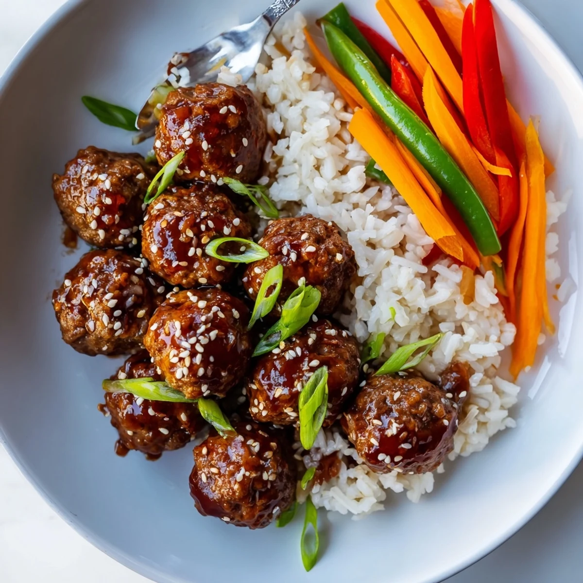 Sizzling Hello Fresh Firecracker Meatballs tossed in spicy-sweet sauce beside crisp vegetables