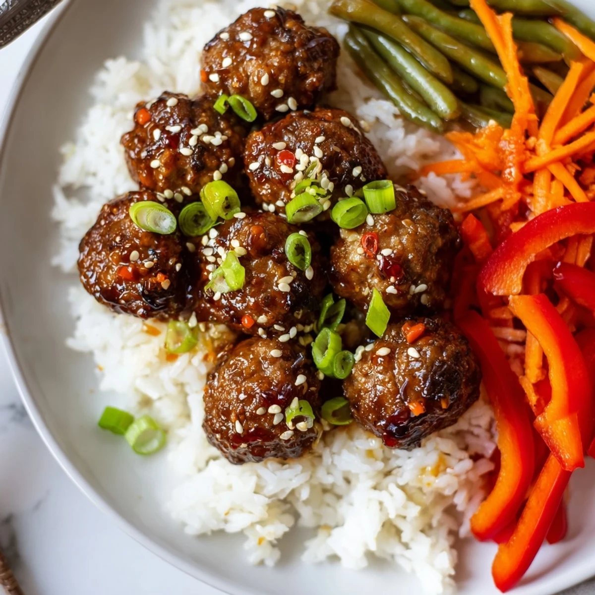 Bite-sized Hello Fresh Firecracker Meatballs resting on fluffy rice, sesame seeds sprinkled