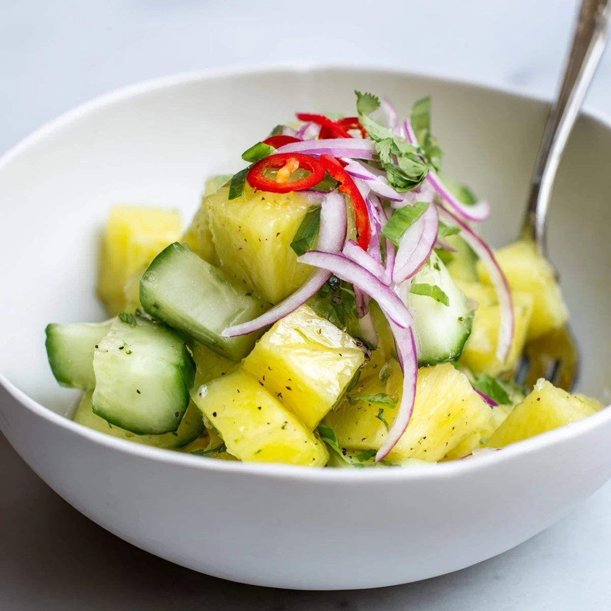 Pineapple Cucumber Salad in a bright bowl, juicy fruit, vibrant herbs.