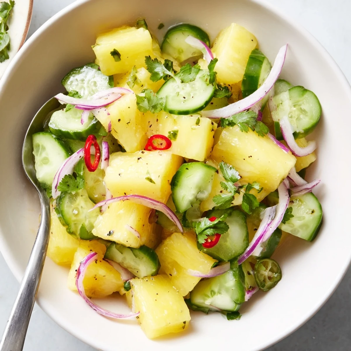 Bright Pineapple Cucumber Salad tossed with cilantro, red onion, and chili.