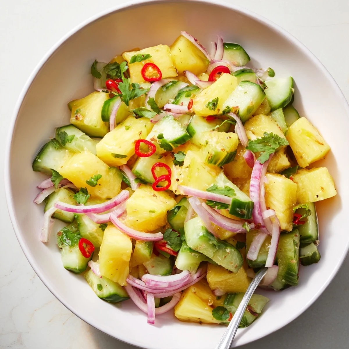 Chilled Pineapple Cucumber Salad served with grilled fish for summer dinners.