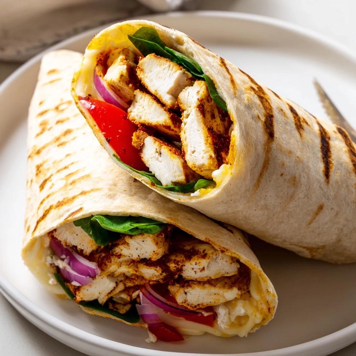 Cozy Cheesy Garlic Chicken Wraps sliced in halves, steam rising, melted cheese.