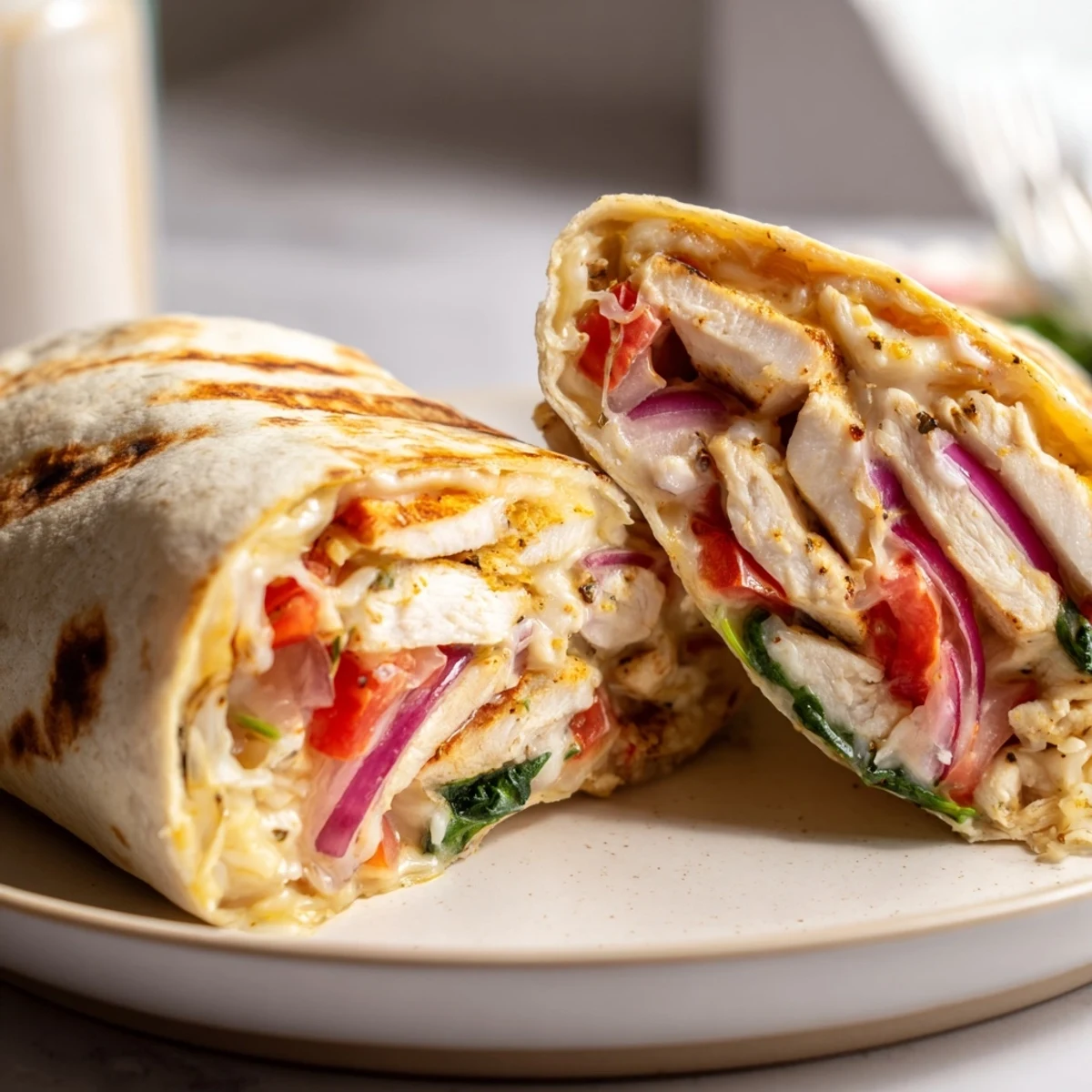 Warm grilled Cozy Cheesy Garlic Chicken Wraps with golden crust and savory aroma.