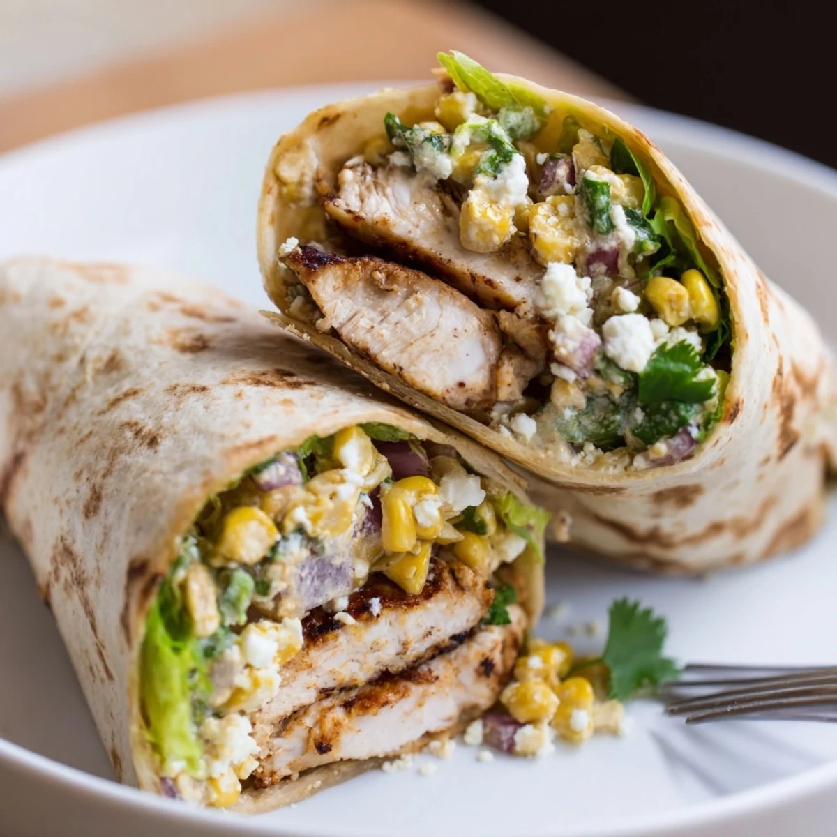 Quick Mexican Street Corn Chicken Wraps with charred corn, creamy cotija, lime.