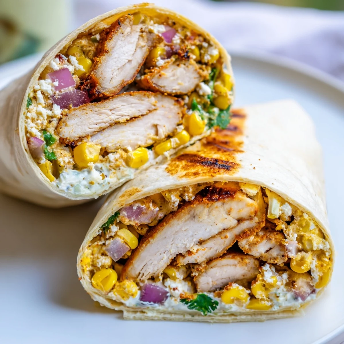 Grilled chicken inside Quick Mexican Street Corn Chicken Wraps, crisp lettuce, zesty lime.