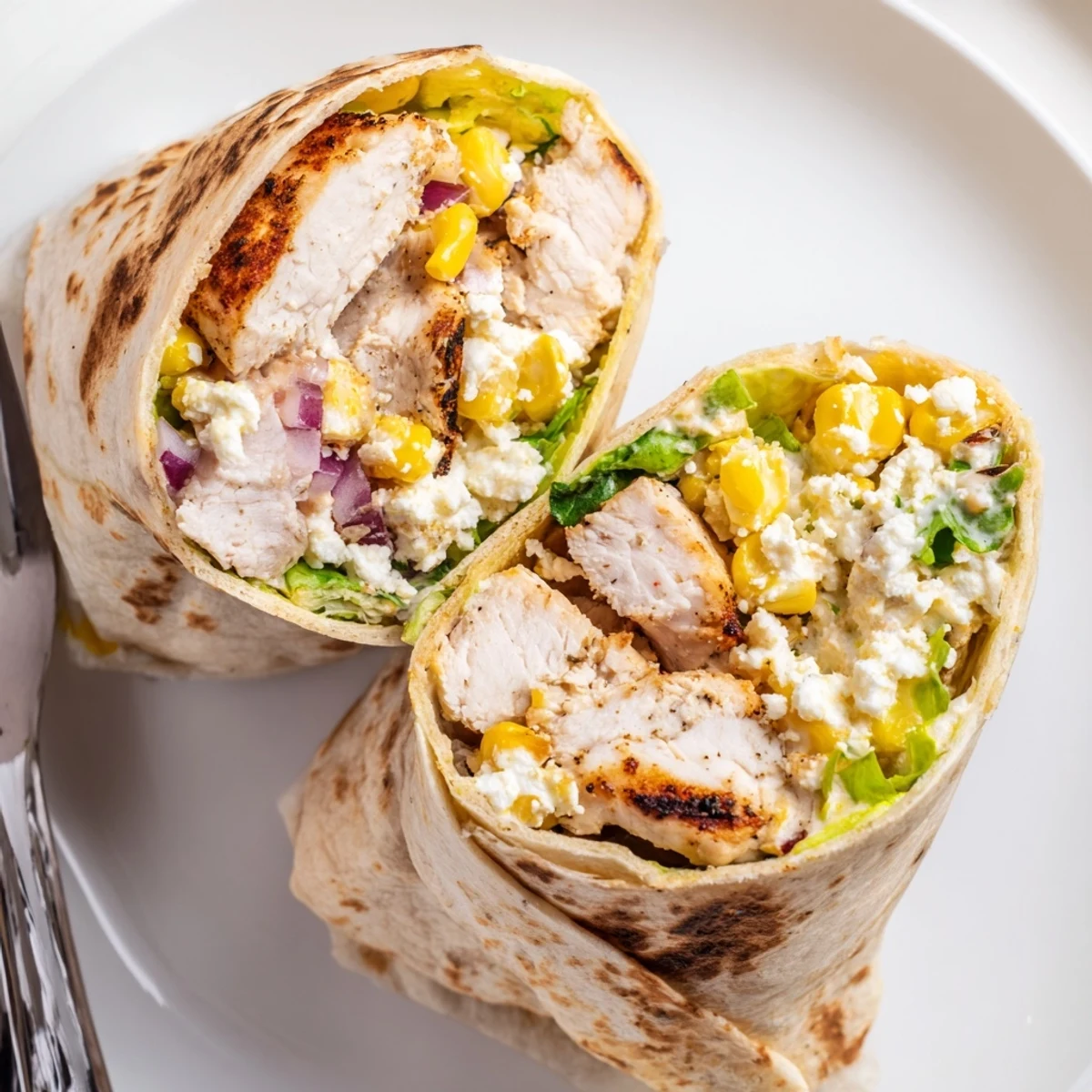Warm, sliced Quick Mexican Street Corn Chicken Wraps plated with smoky jalapeño crema.