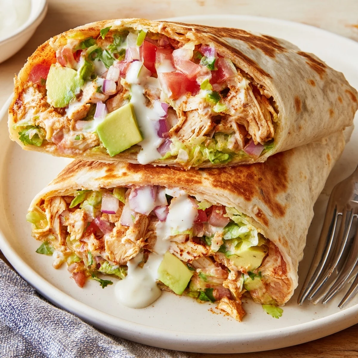 Skillet-toasted Chicken Avocado Ranch Burritos with creamy avocado, melty cheese, warm tortilla.