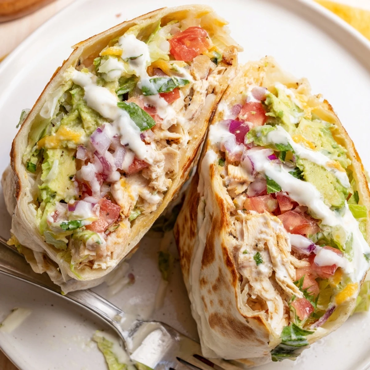 Sliced Chicken Avocado Ranch Burritos revealing juicy chicken, crisp lettuce, tangy ranch.