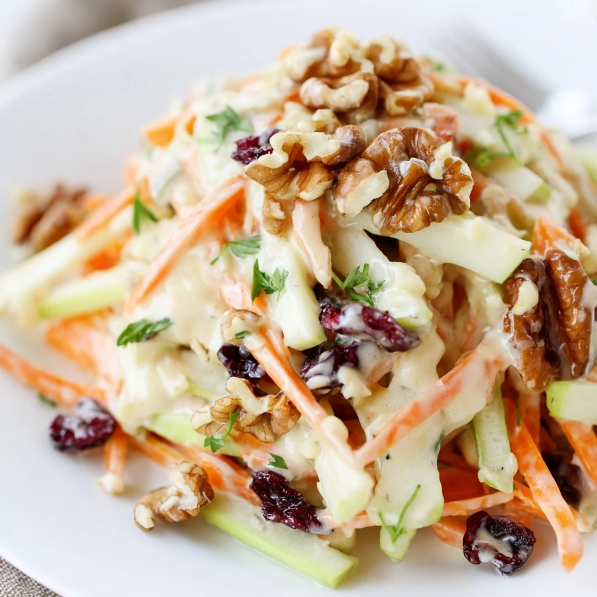Bowl of Crunchy Apple Carrot Salad With Creamy Citrus Dressing, crisp julienned apples.