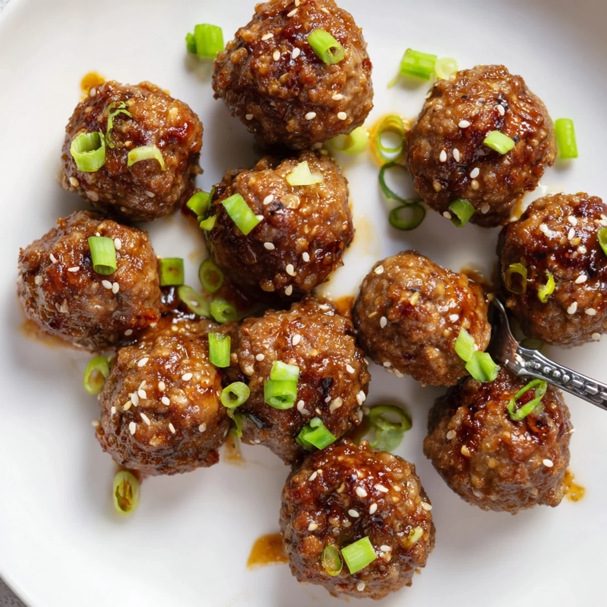 Firecracker Meatballs glistening in sticky red sauce, sesame garnish, rice beside