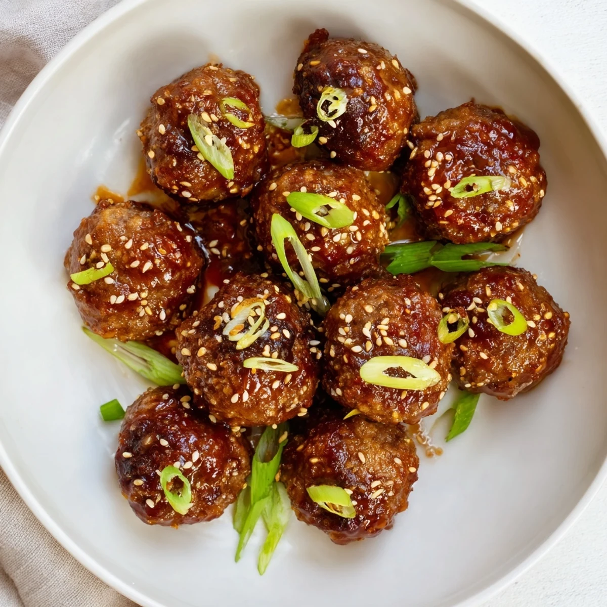 Oven-baked Firecracker Meatballs browned edges, tangy heat, served with noodles