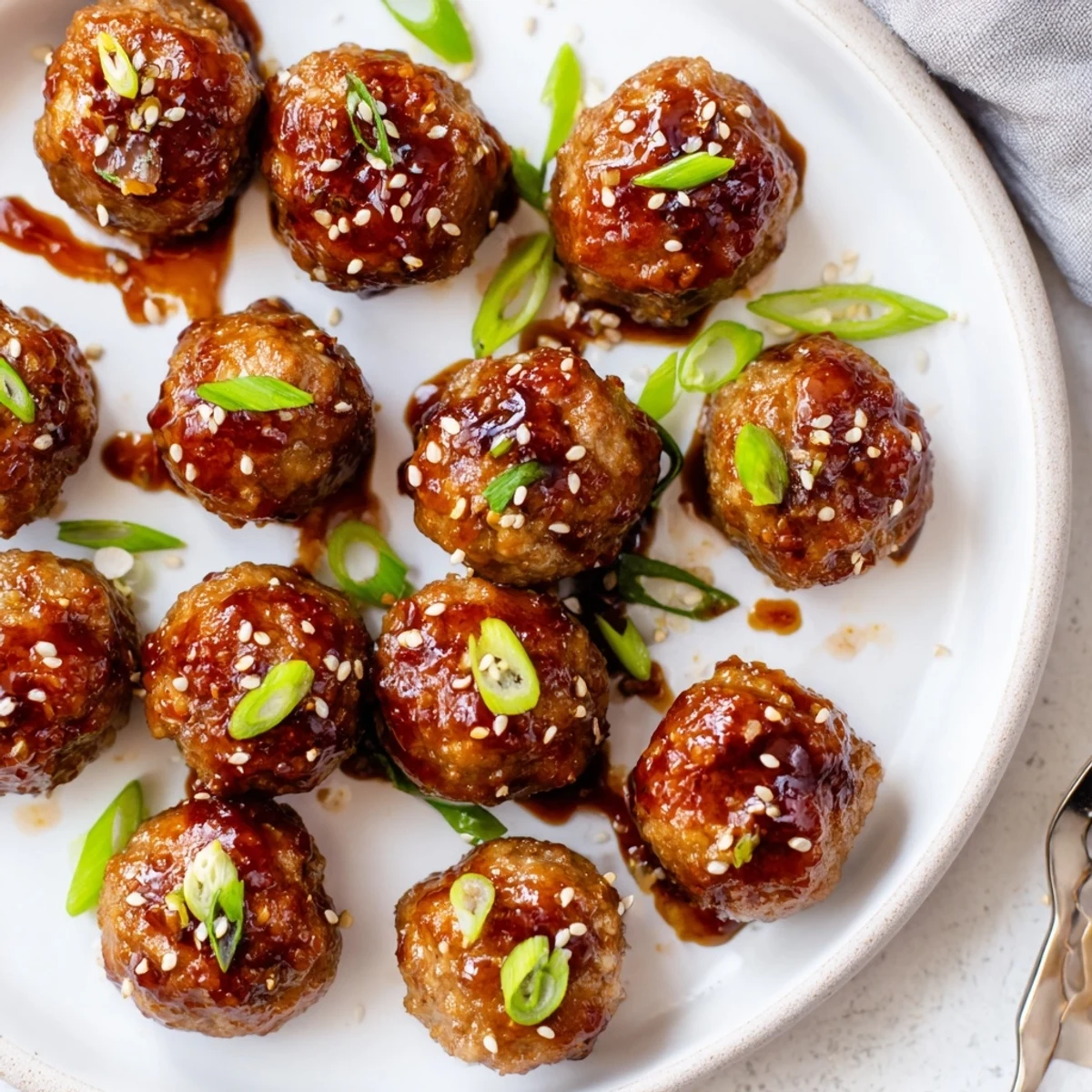 Bite-sized Firecracker Meatballs tossed in spicy-sweet glaze, scallions sprinkled