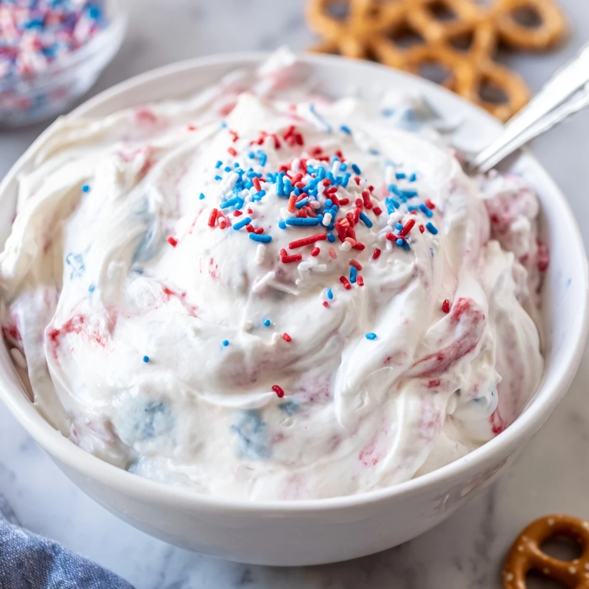 Red White And Blue Funfetti Dip in bowl with colorful sprinkles, ready to serve
