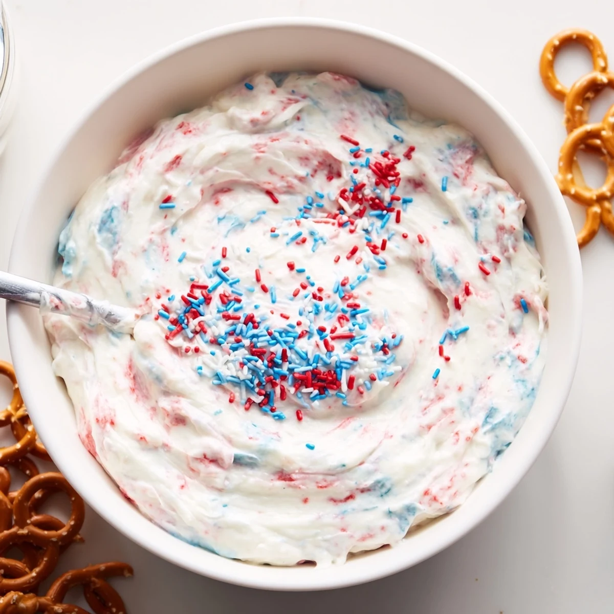 Chilled Red White And Blue Funfetti Dip perfect for summer picnics with strawberries