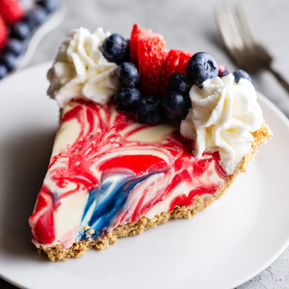 Chilled Patriotic Red White And Blue Swirl Pie sliced, creamy filling visible