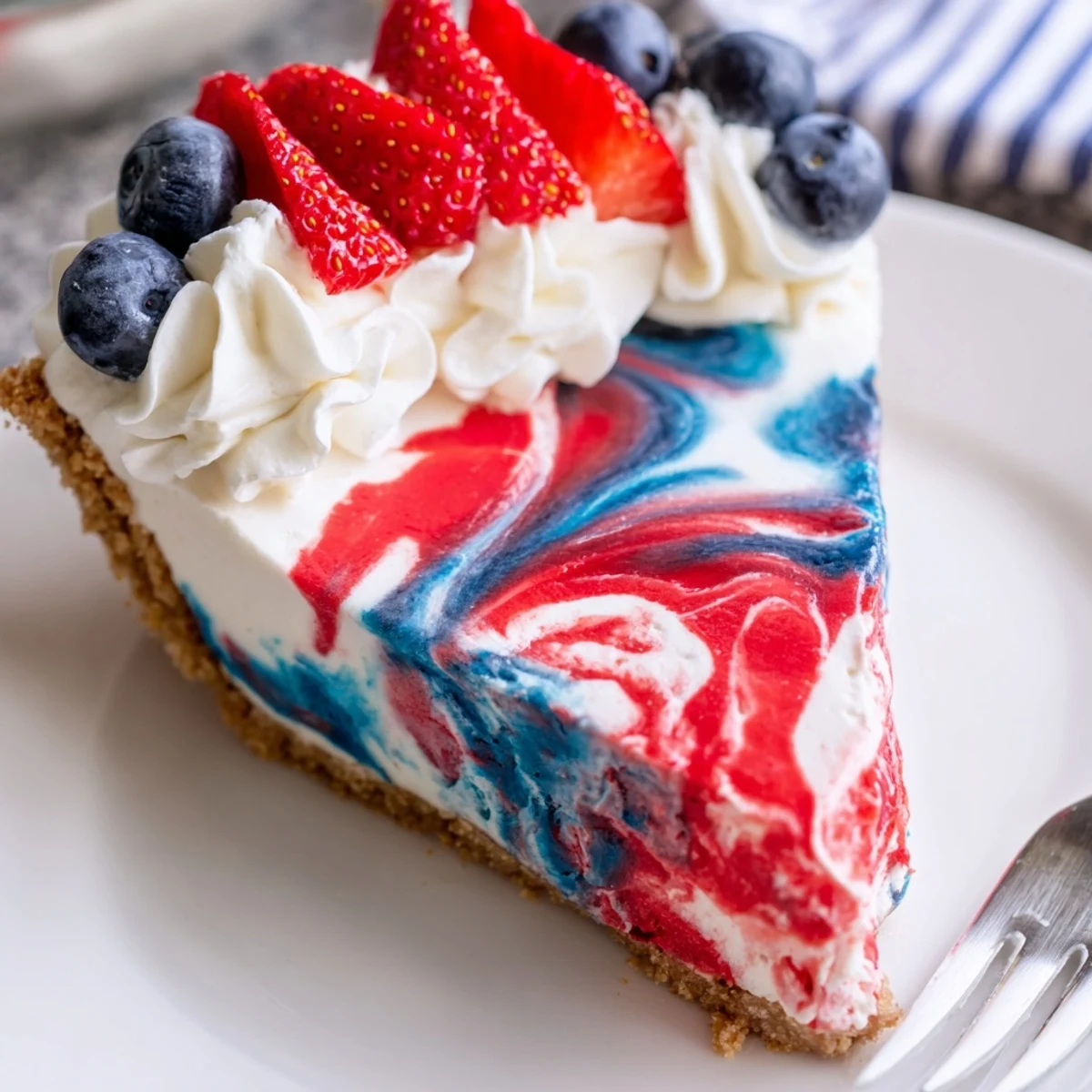 Slice of Patriotic Red White And Blue Swirl Pie on graham crust, whipped cream