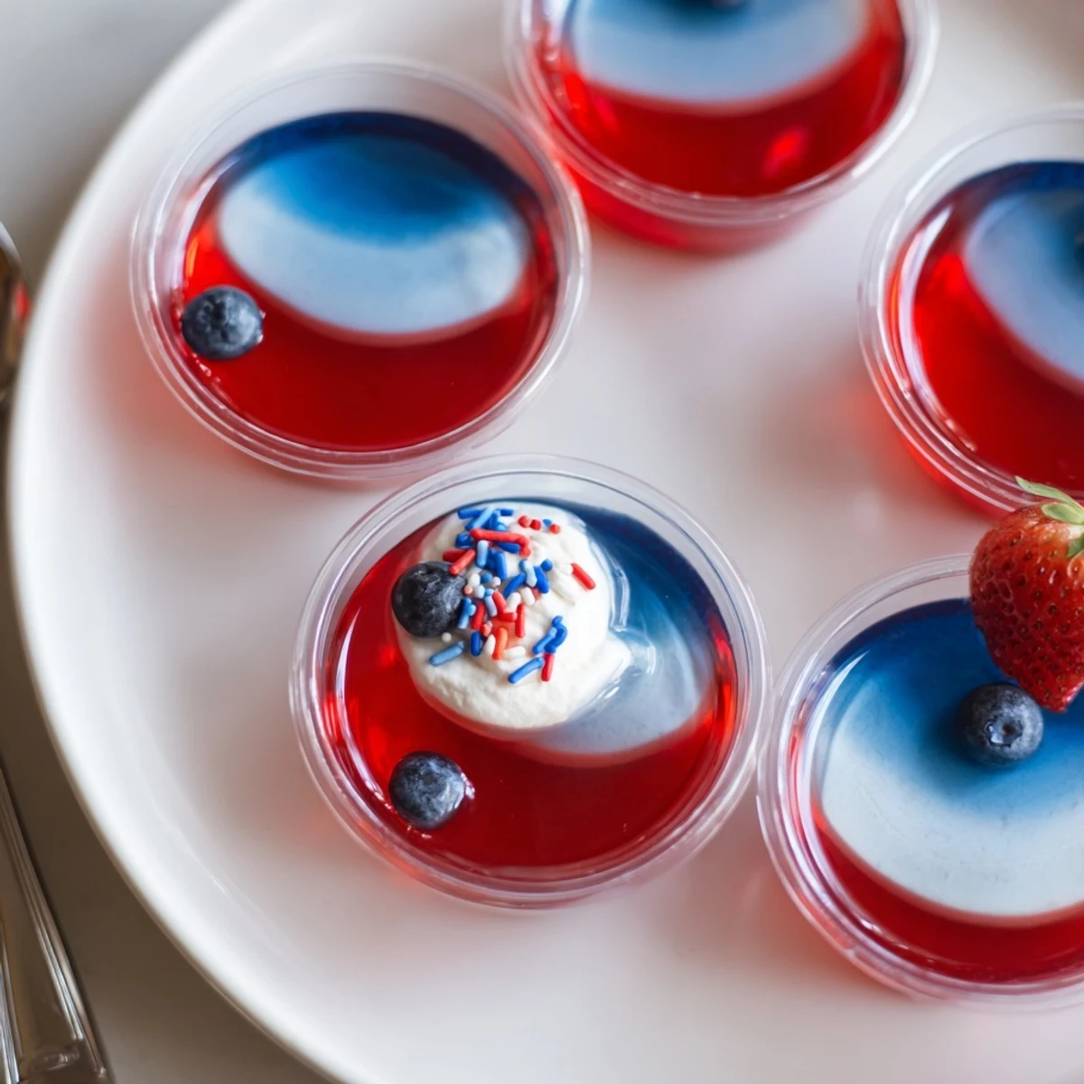Red White And Blue Jello Cups served at summer parties, colorful and wobbly