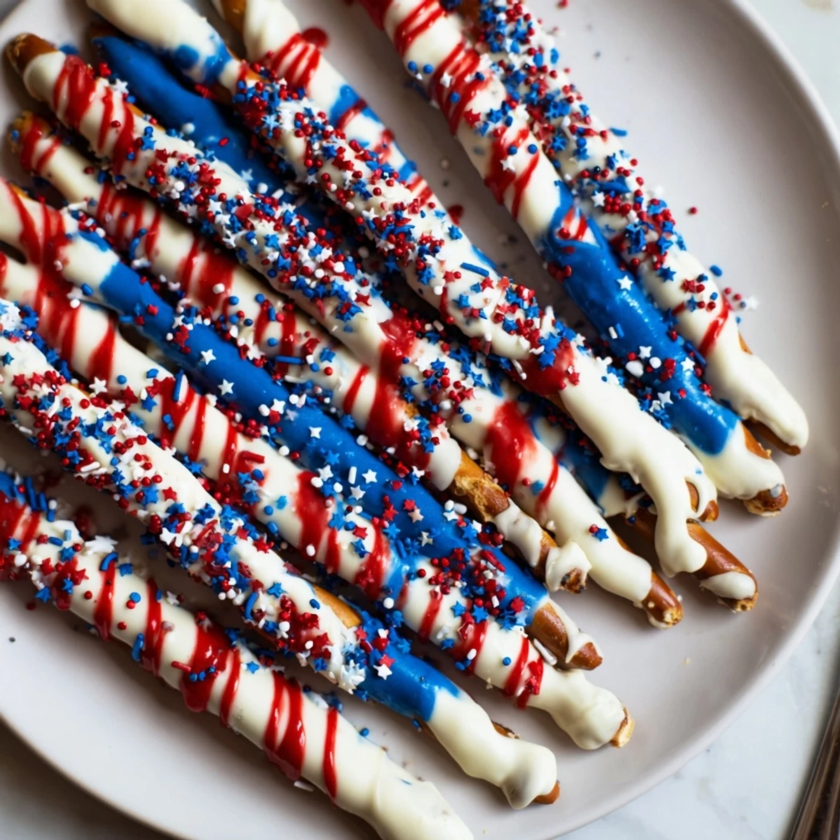Hand-dipped Patriotic Pretzel Rods striped with red and blue, perfect party snacks