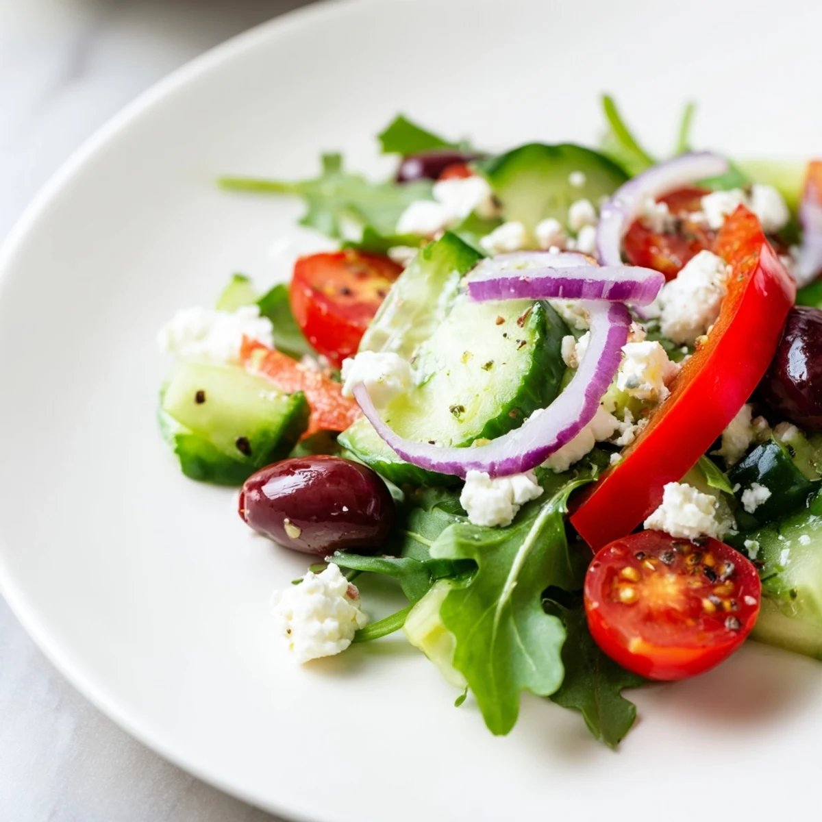 Plated for lunch, this Fresh Salad Recipe is topped with crumbled feta.