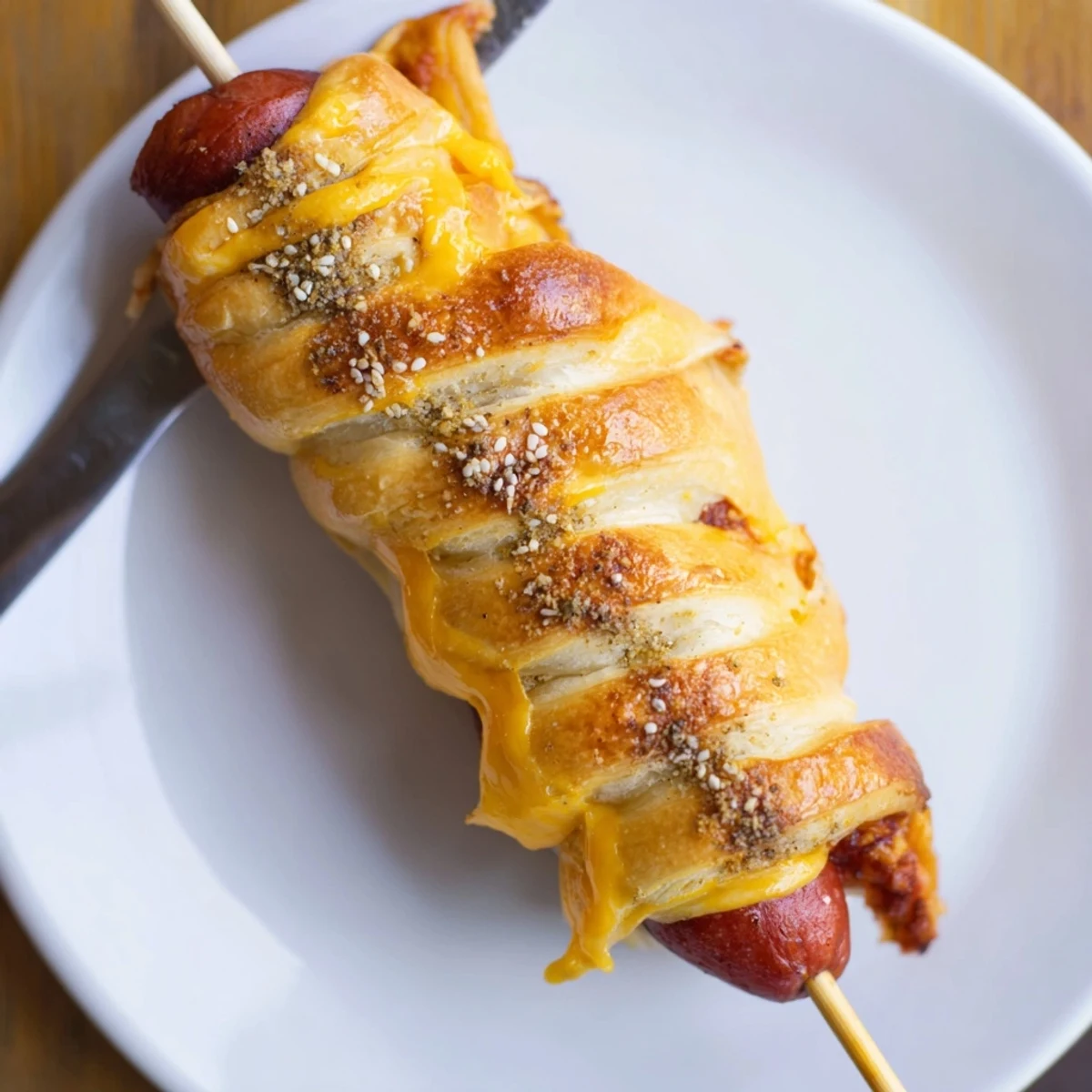 Skewered Firecracker Hot Dogs with melted cheddar peeking, ideal for backyard BBQ