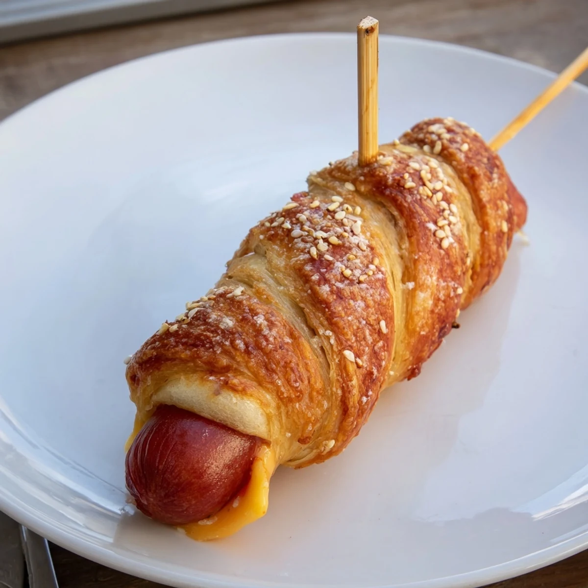 Crescent-wrapped Firecracker Hot Dogs on parchment, sesame-speckled, served with ketchup