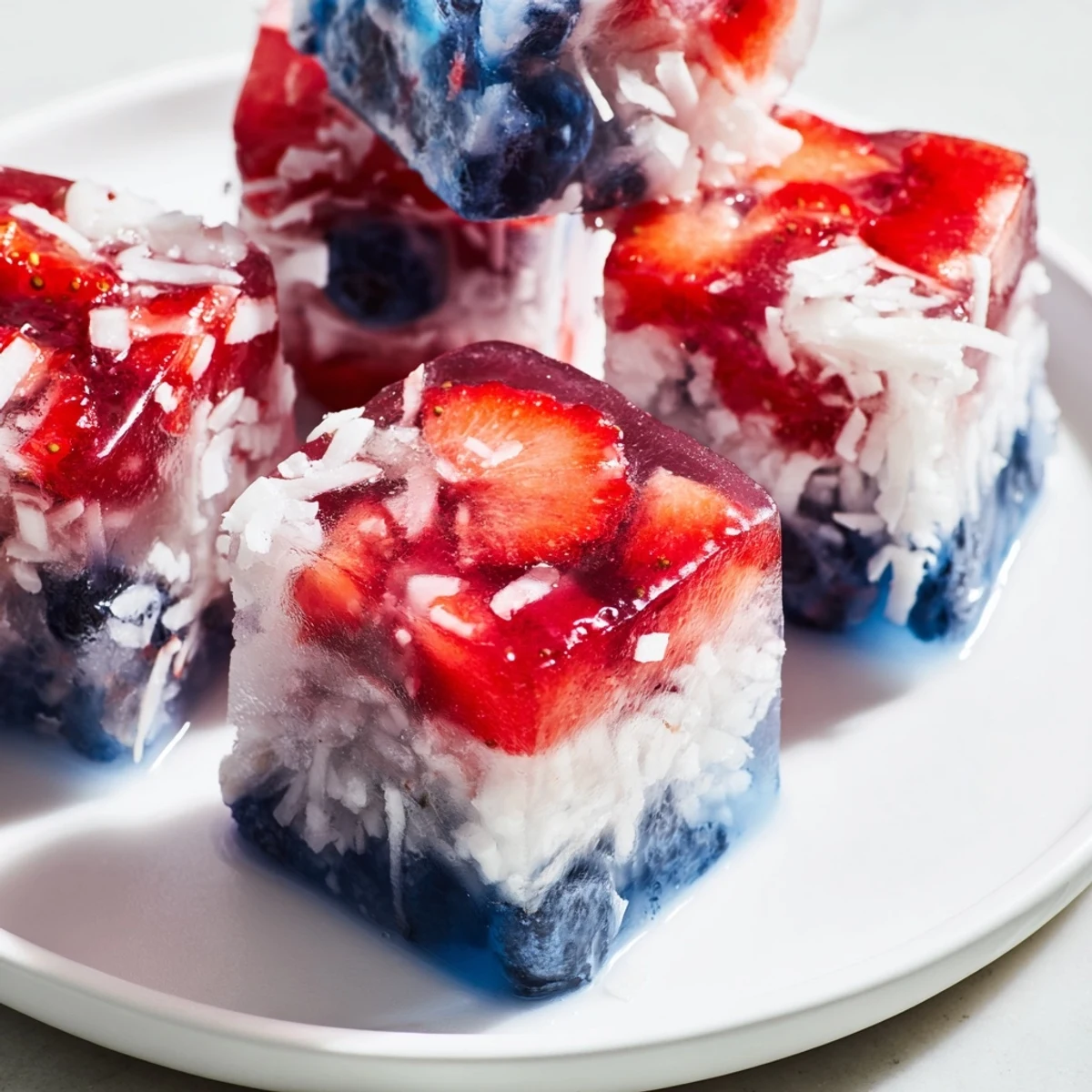 Red White And Blue Ice Cubes Recipe with glossy strawberries, blueberries, and coconut