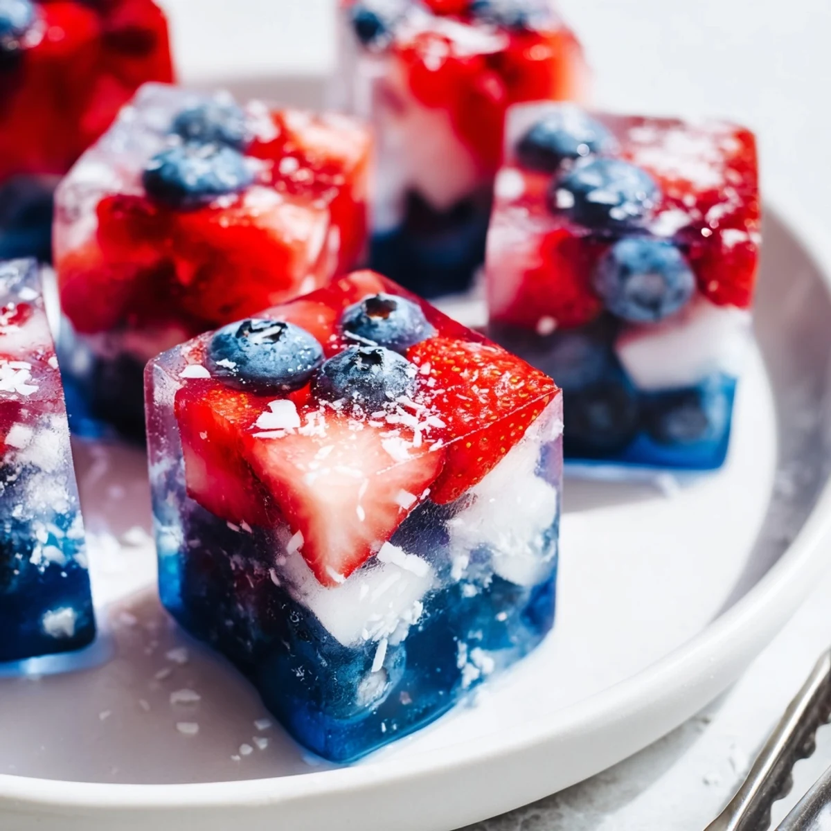 Homestyle Red White And Blue Ice Cubes Recipe showing layered fruit before freezing