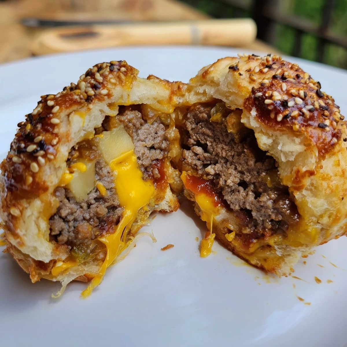 Golden biscuit bombs filled with melty cheddar — Cheesy Cheeseburger Bombs Explosion Recipe