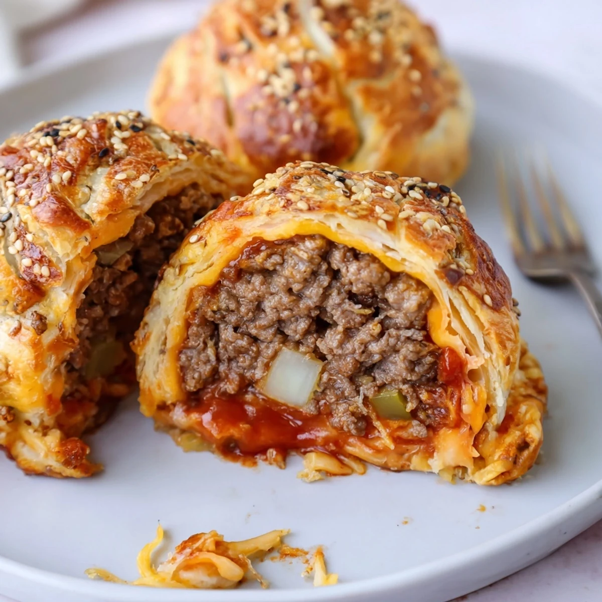 Cheesy Cheeseburger Bombs Explosion Recipe on parchment-lined tray, sesame seeds glistening