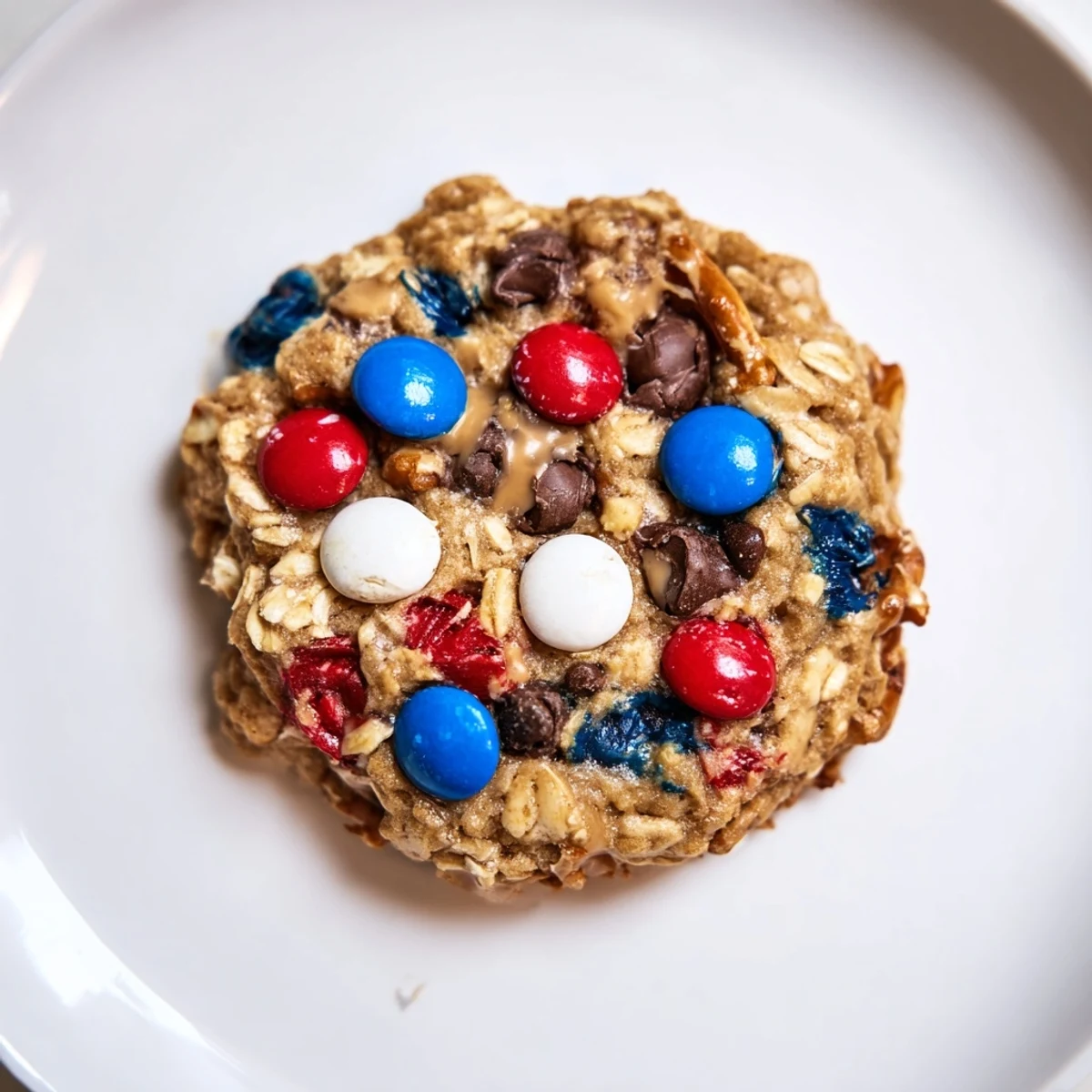 Patriotic Monster Cookies Recipe piled warm, chewy with red, white, blue candies