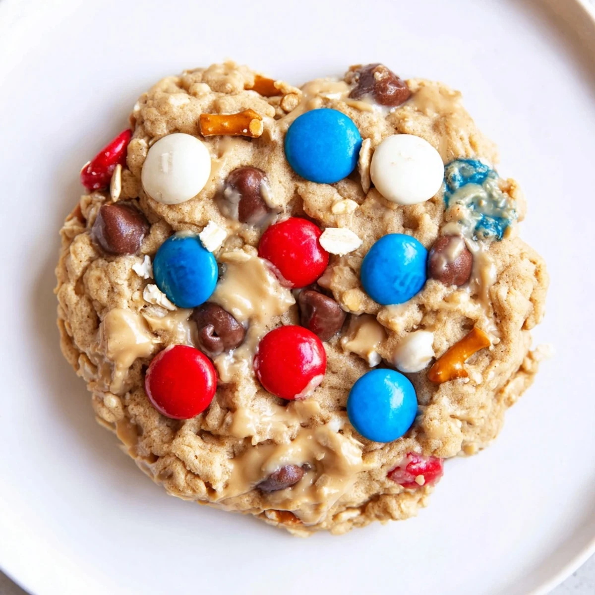 Fresh-baked Patriotic Monster Cookies topped with chocolate chips and mini pretzels