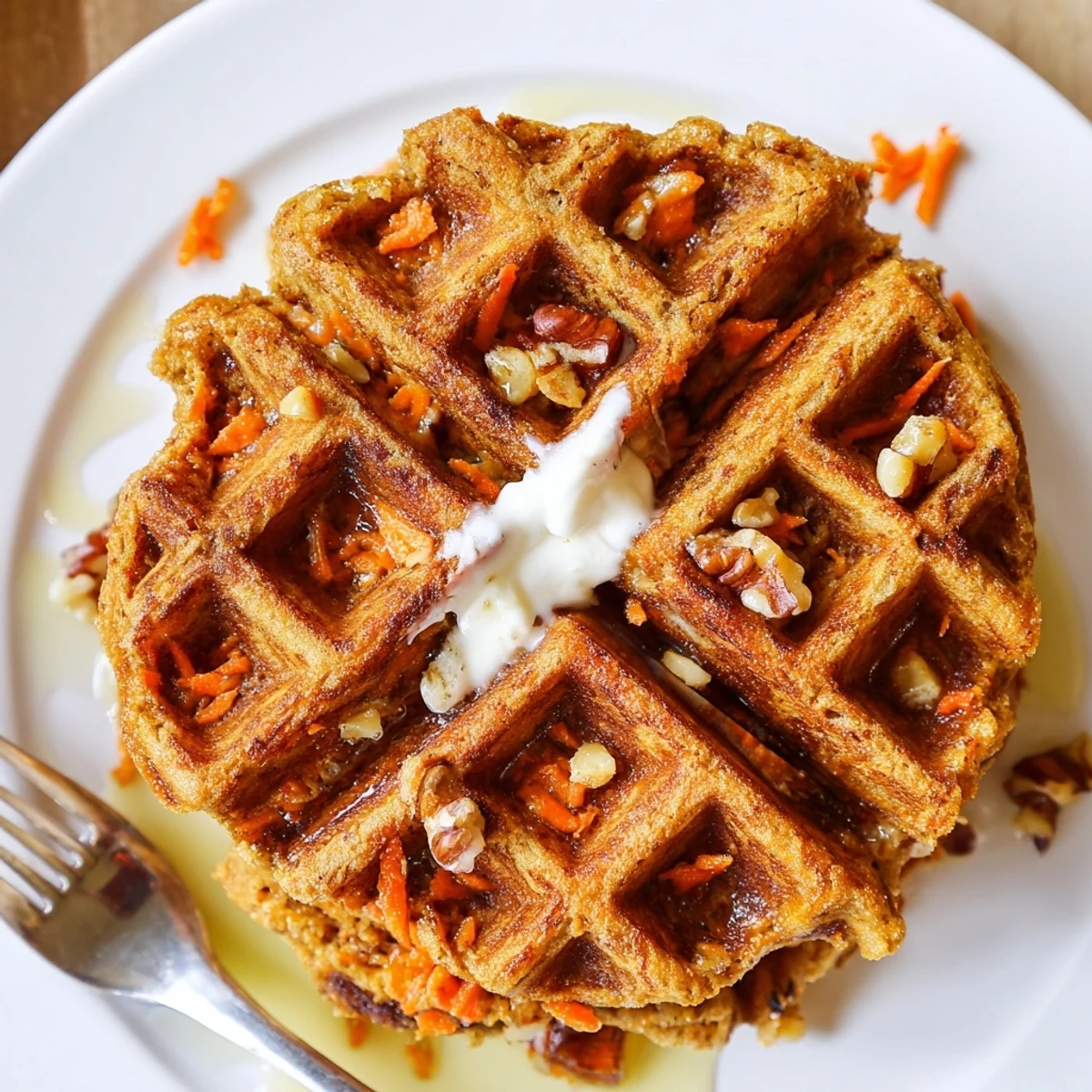 Carrot Cake Waffles steaming on plate, golden edges, cinnamon aroma rising